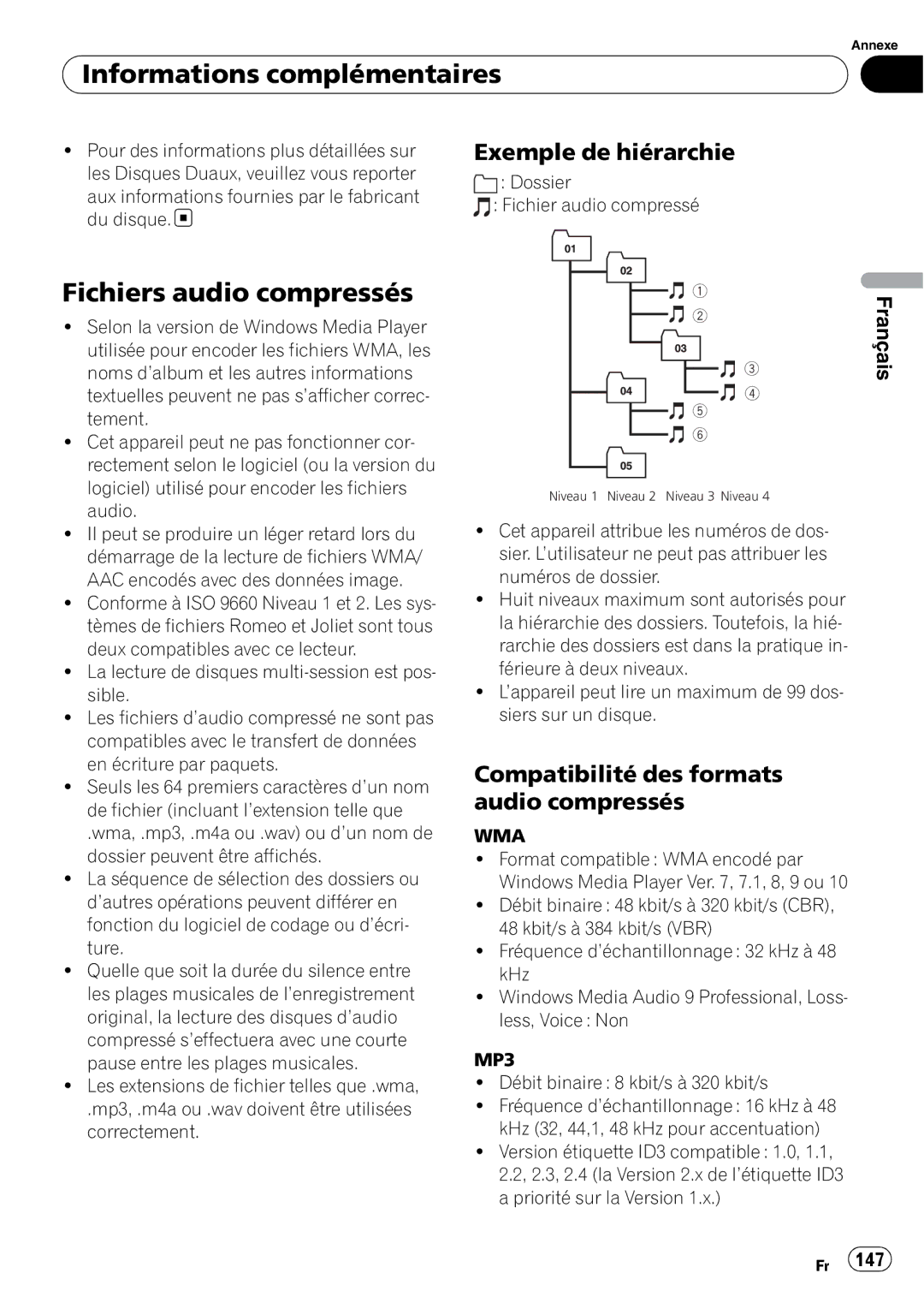 Pioneer DEH-P7900BT Fichiers audio compressés, Exemple de hiérarchie, Compatibilité des formats audio compressés 