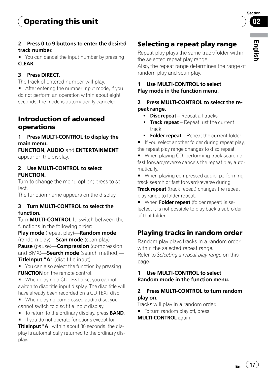 Pioneer DEH-P7900BT operation manual Selecting a repeat play range, Playing tracks in random order, Clear, Matically 