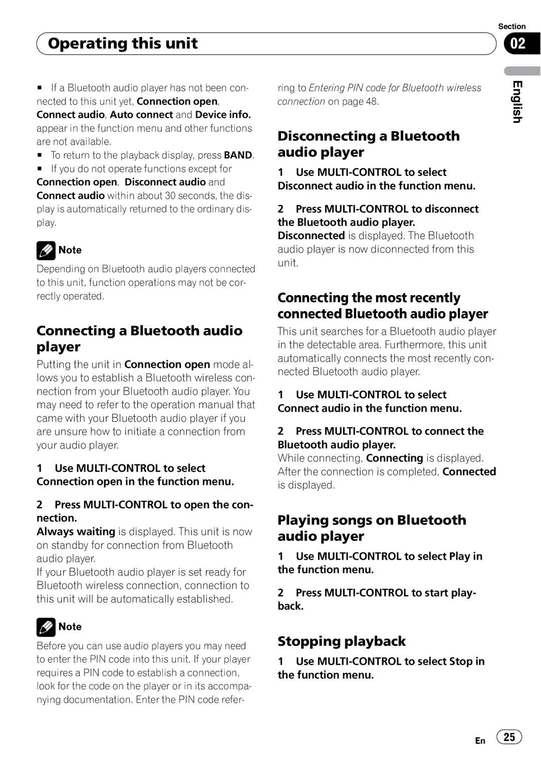 Pioneer DEH-P7900BT Disconnecting a Bluetooth audio player, Connecting a Bluetooth audio player, Stopping playback 