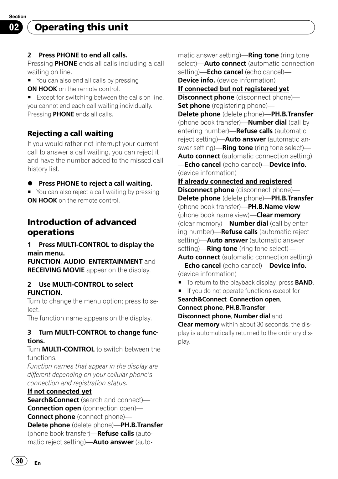 Pioneer DEH-P7900BT operation manual Introduction of advanced operations, Rejecting a call waiting 