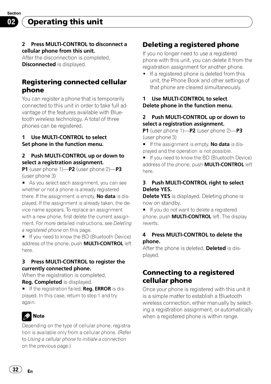 Pioneer DEH-P7900BT operation manual Registering connected cellular phone, Deleting a registered phone 