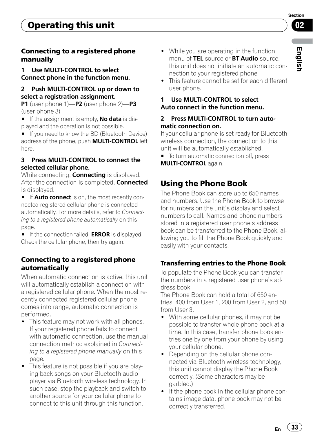 Pioneer DEH-P7900BT operation manual Using the Phone Book, Connecting to a registered phone manually 