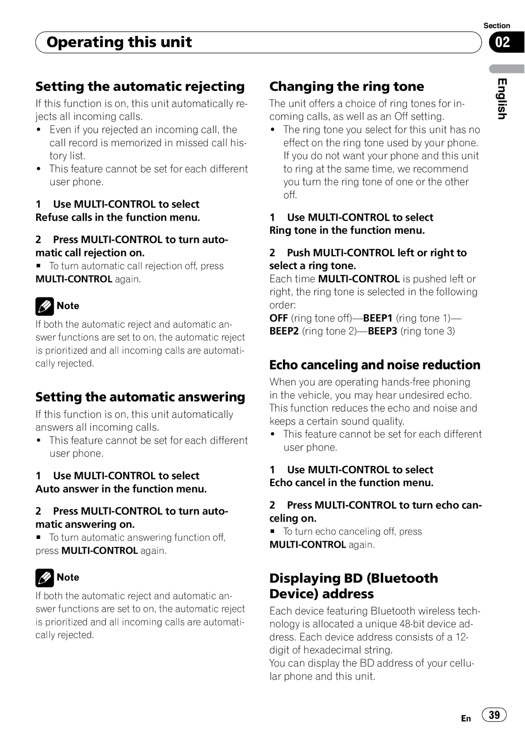 Pioneer DEH-P7900BT Setting the automatic rejecting, Setting the automatic answering, Changing the ring tone 