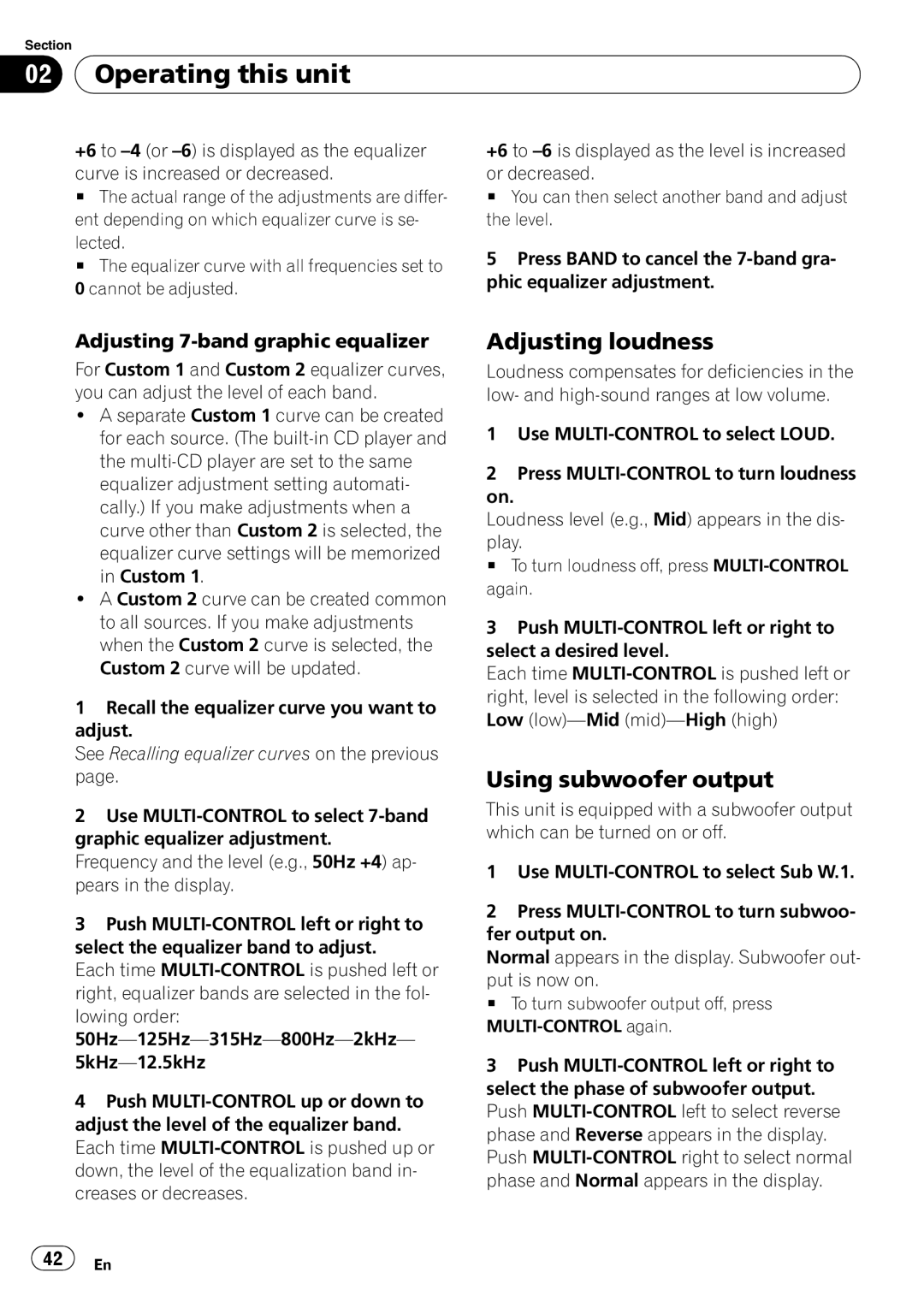 Pioneer DEH-P7900BT operation manual Adjusting loudness, Using subwoofer output, Adjusting 7-band graphic equalizer 