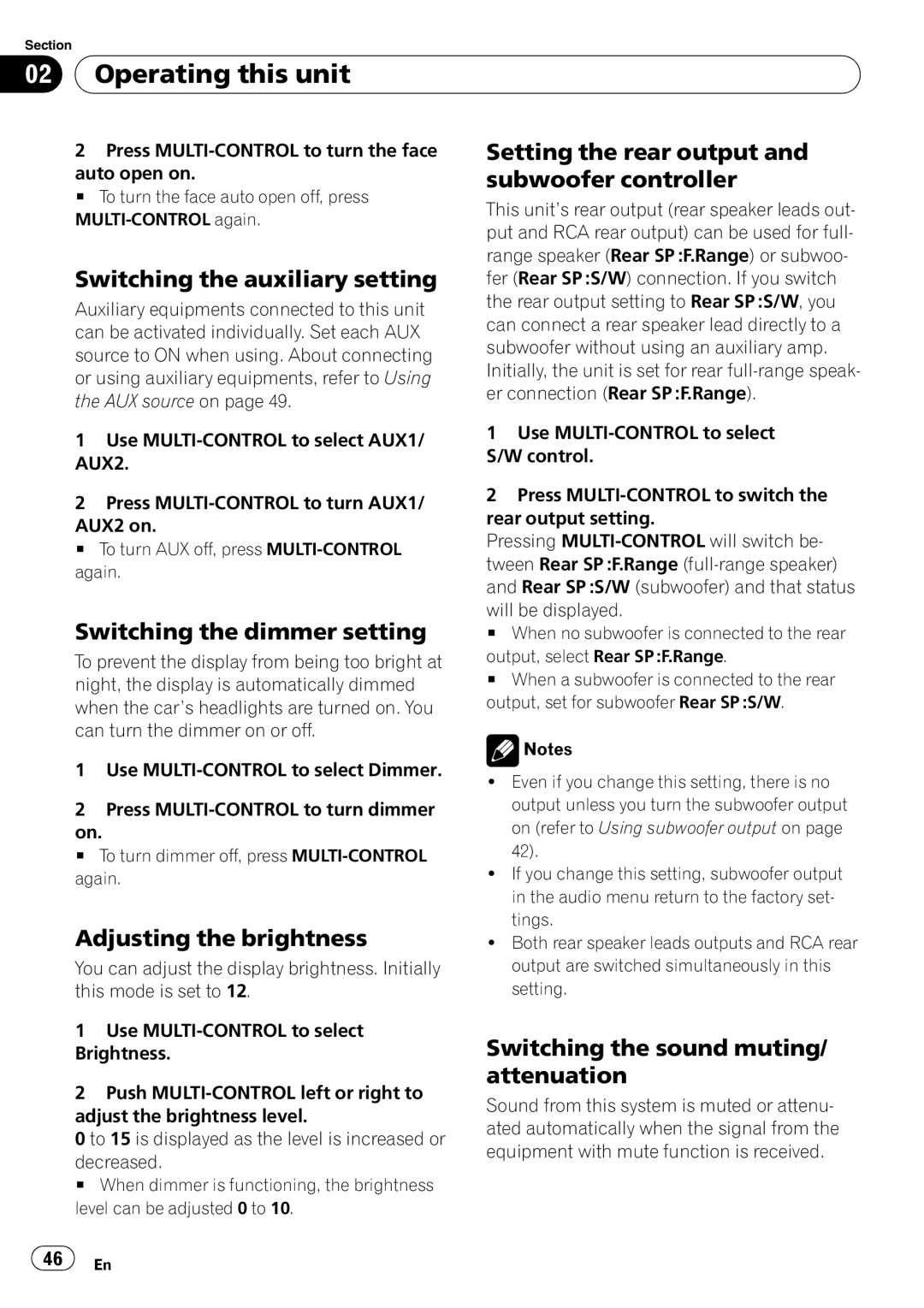 Pioneer DEH-P7900BT operation manual Switching the auxiliary setting, Setting the rear output and subwoofer controller 