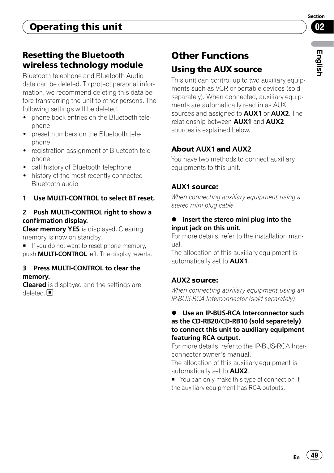 Pioneer DEH-P7900BT Other Functions, Resetting the Bluetooth, Wireless technology module Using the AUX source 