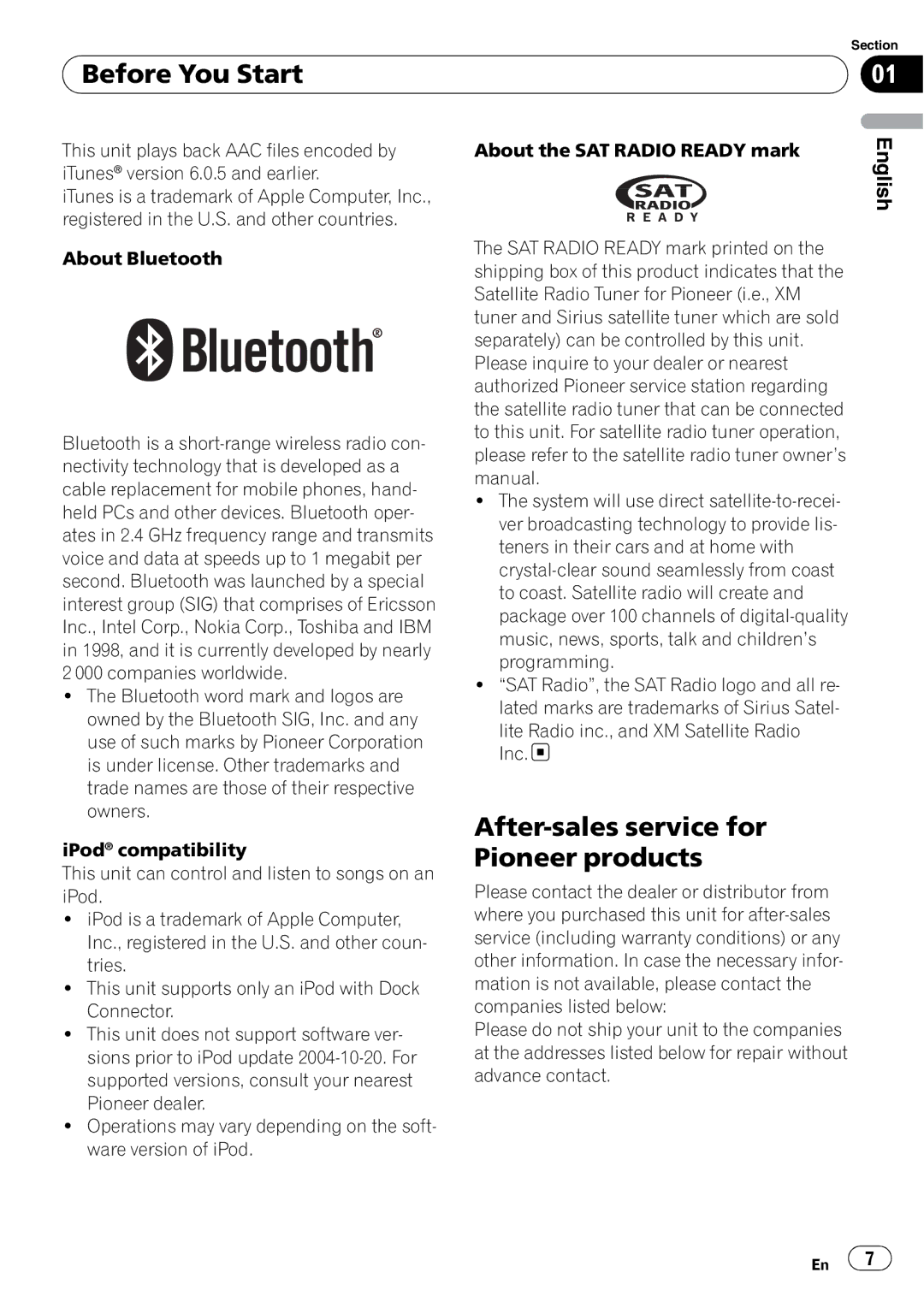 Pioneer DEH-P7900BT operation manual After-sales service for Pioneer products 