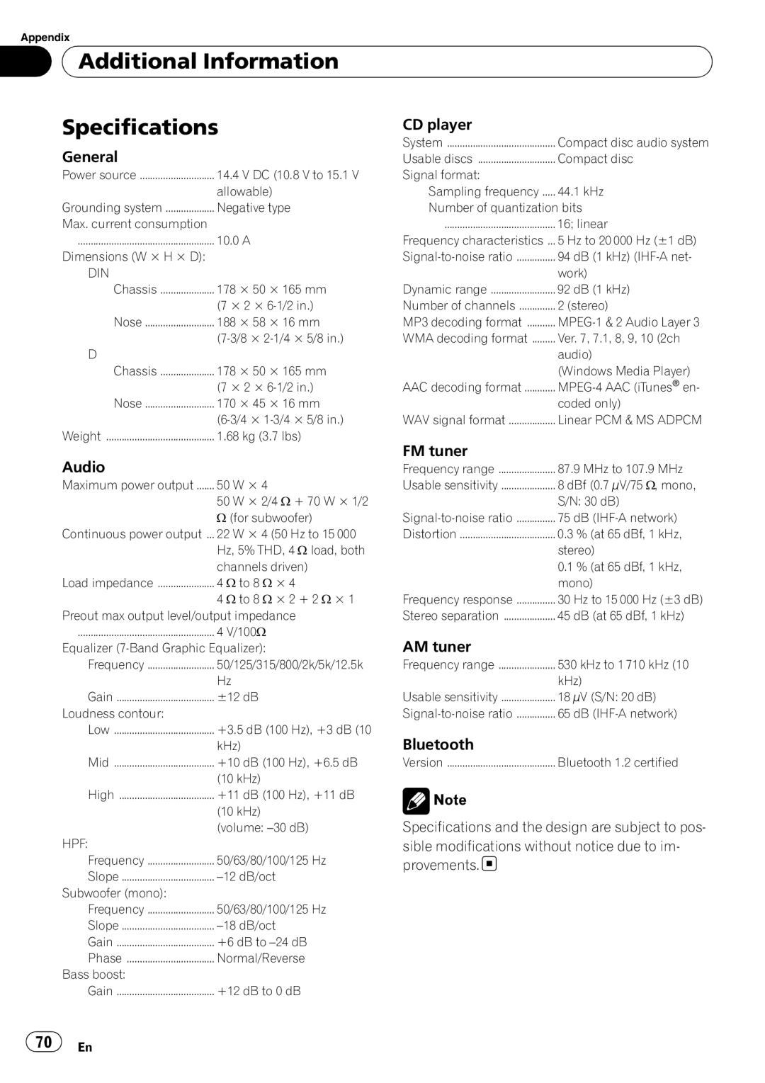 Pioneer DEH-P7900BT Additional Information Specifications, CD player General, FM tuner, AM tuner, Bluetooth 