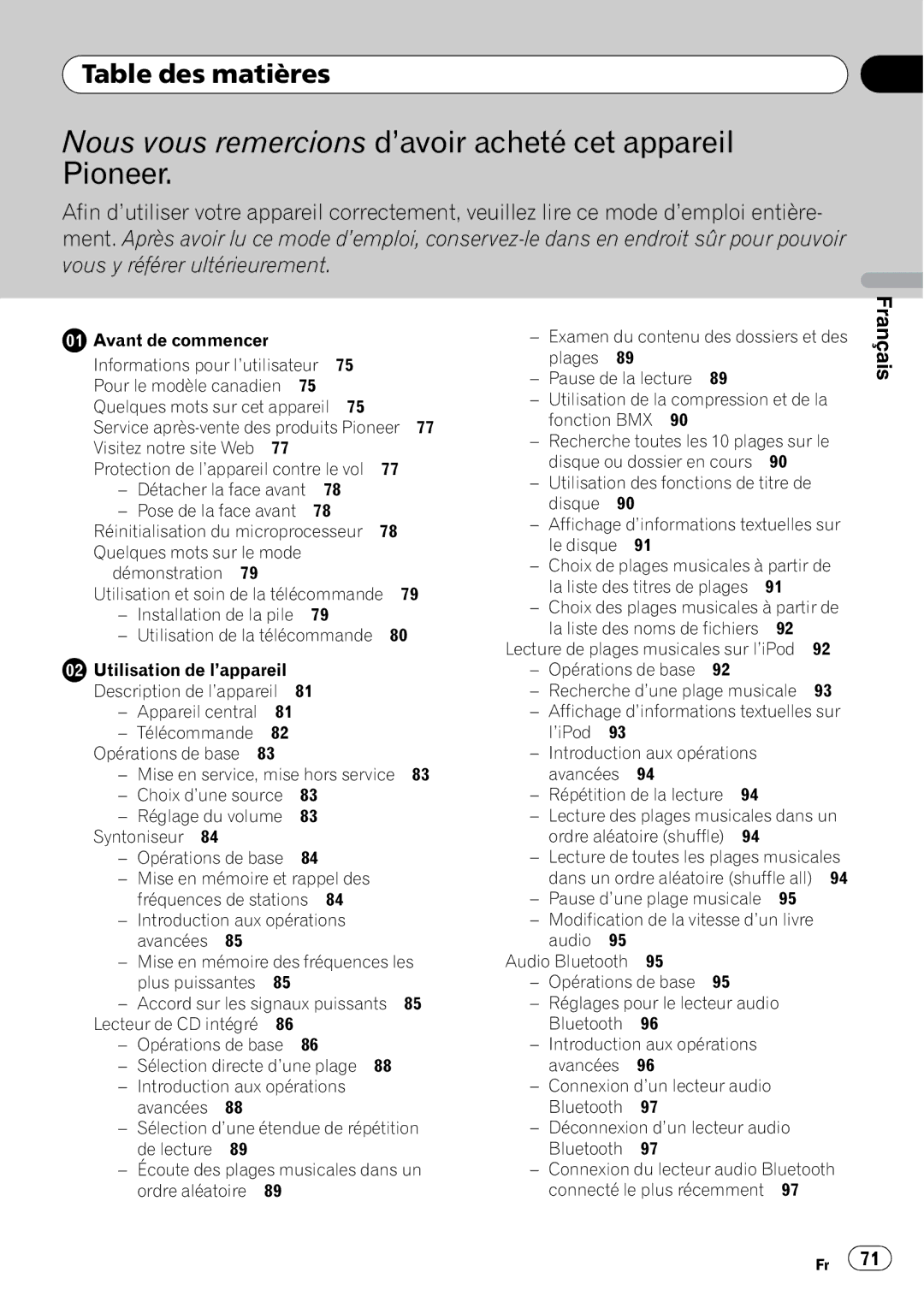 Pioneer DEH-P7900BT operation manual Table des matières, Réinitialisation du microprocesseur, Lecteur de CD intégré 