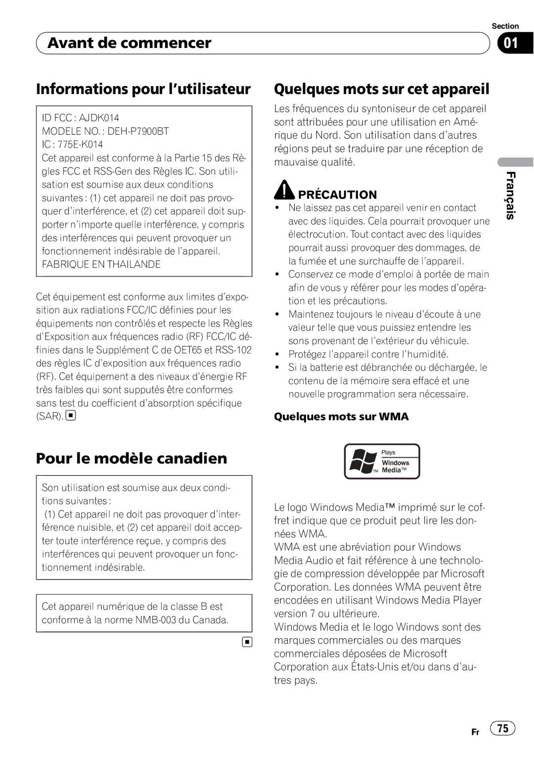 Pioneer DEH-P7900BT operation manual Avant de commencer Informations pour l’utilisateur, Quelques mots sur cet appareil 