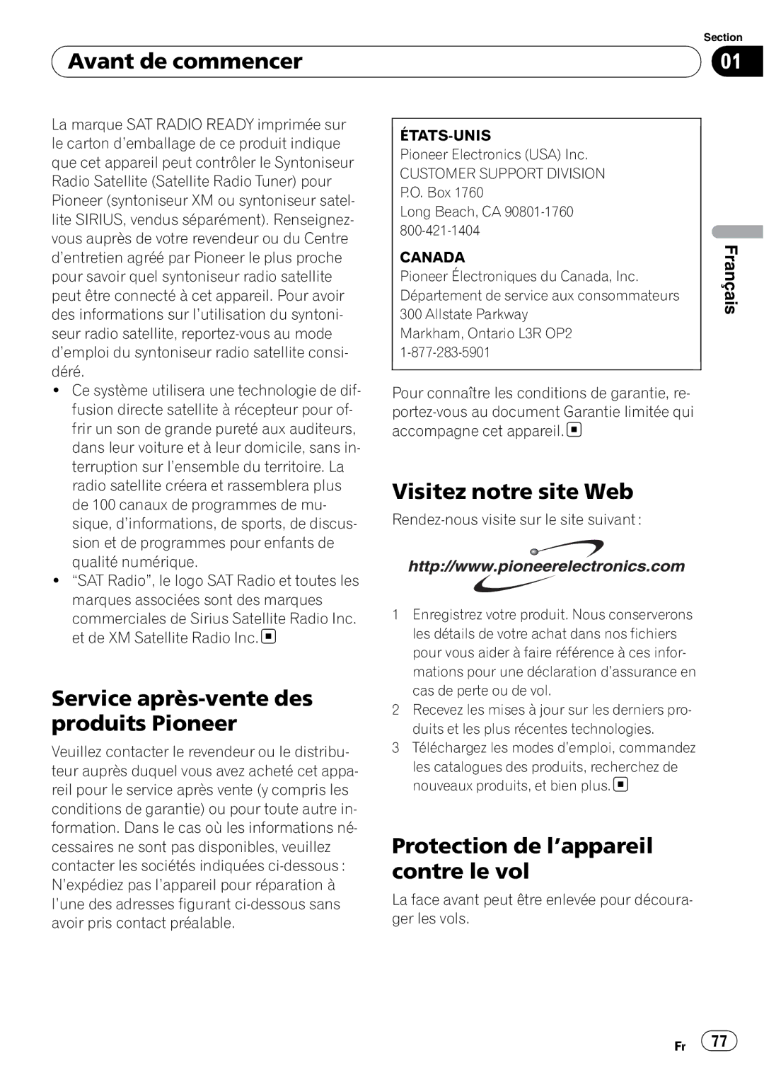 Pioneer DEH-P7900BT operation manual Service après-vente des produits Pioneer, Visitez notre site Web, États-Unis 