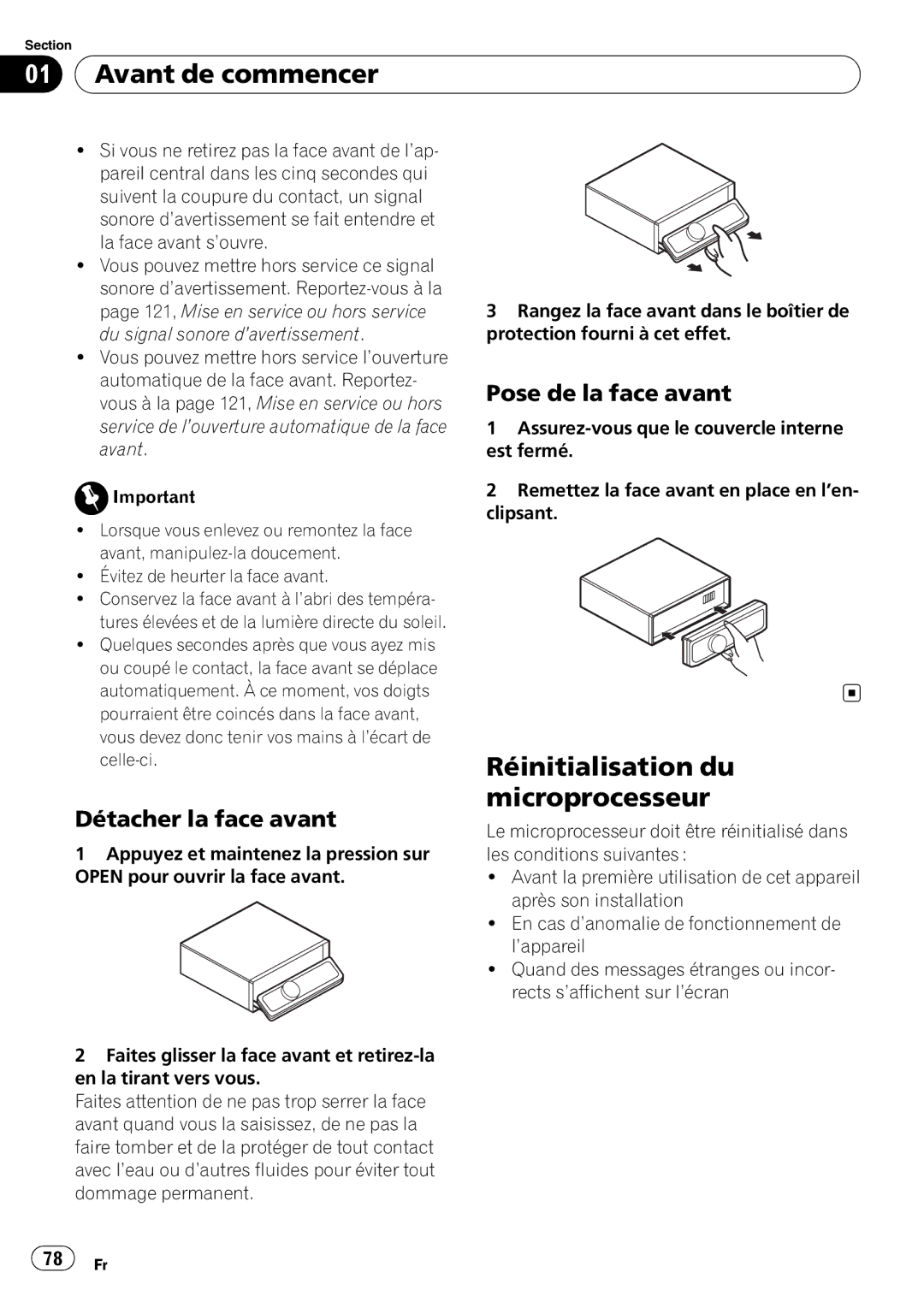 Pioneer DEH-P7900BT operation manual Réinitialisation du microprocesseur, Détacher la face avant, Pose de la face avant 