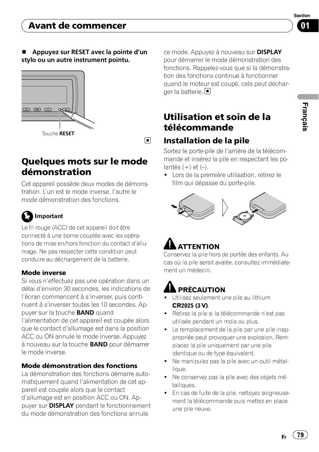 Pioneer DEH-P7900BT operation manual Quelques mots sur le mode démonstration, Utilisation et soin de la télécommande 