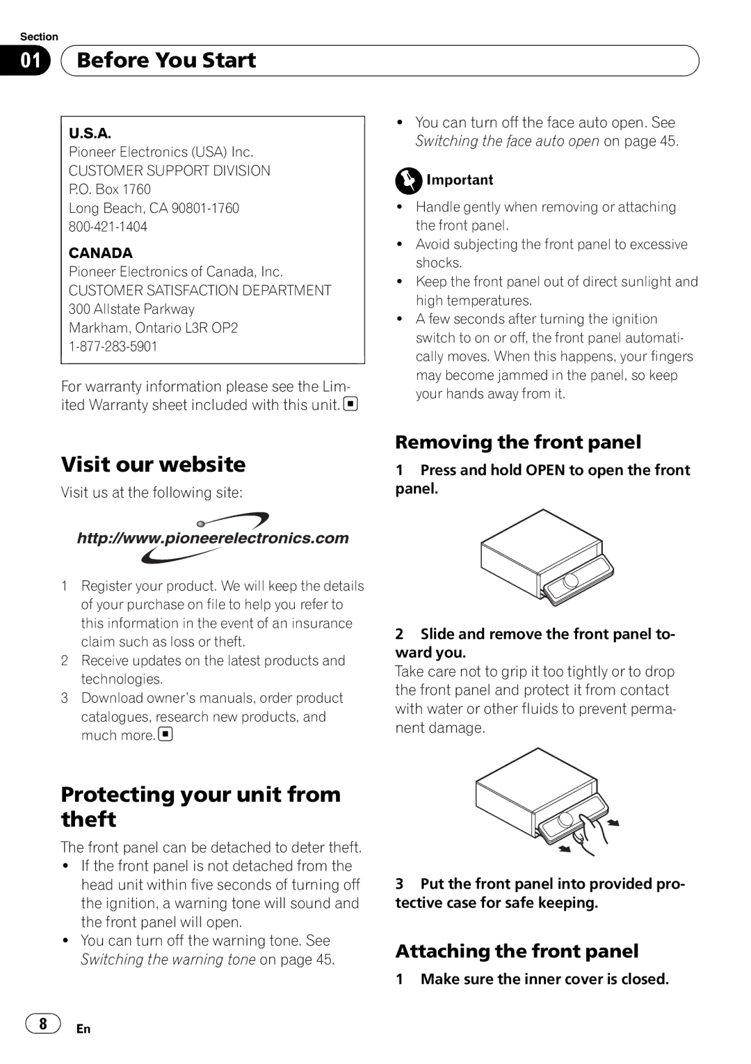 Pioneer DEH-P7900BT operation manual Visit our website, Protecting your unit from theft, Removing the front panel, Canada 