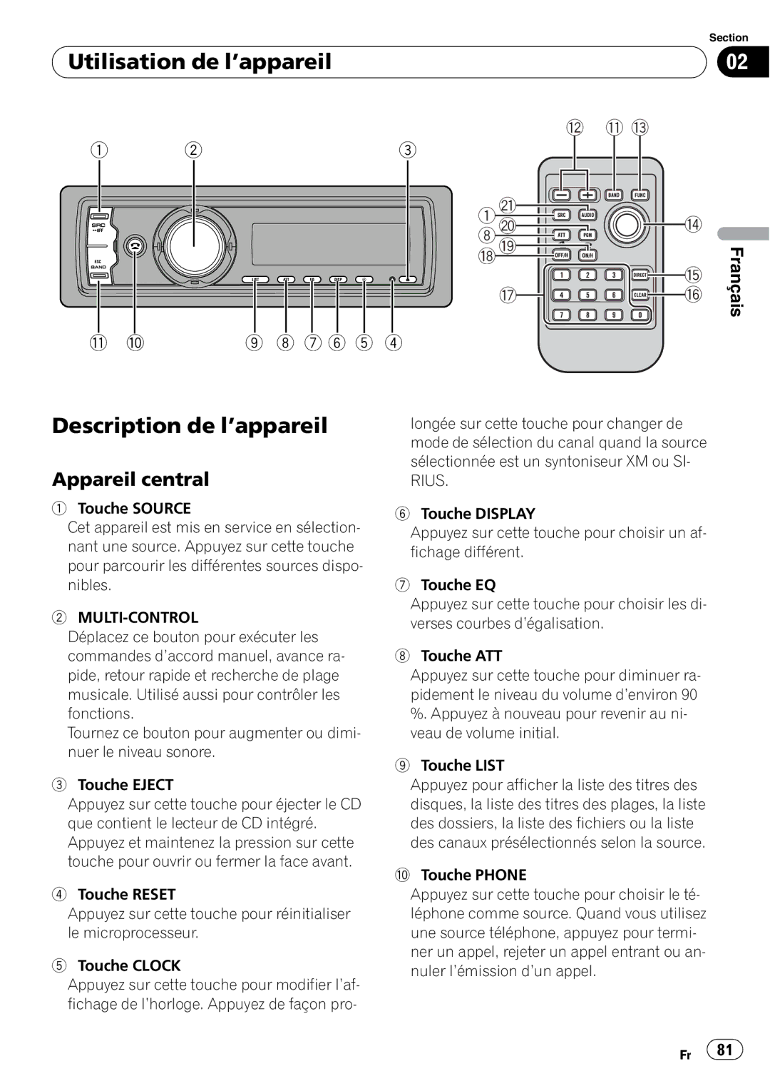 Pioneer DEH-P7900BT operation manual Utilisation de l’appareil, Description de l’appareil, Appareil central 