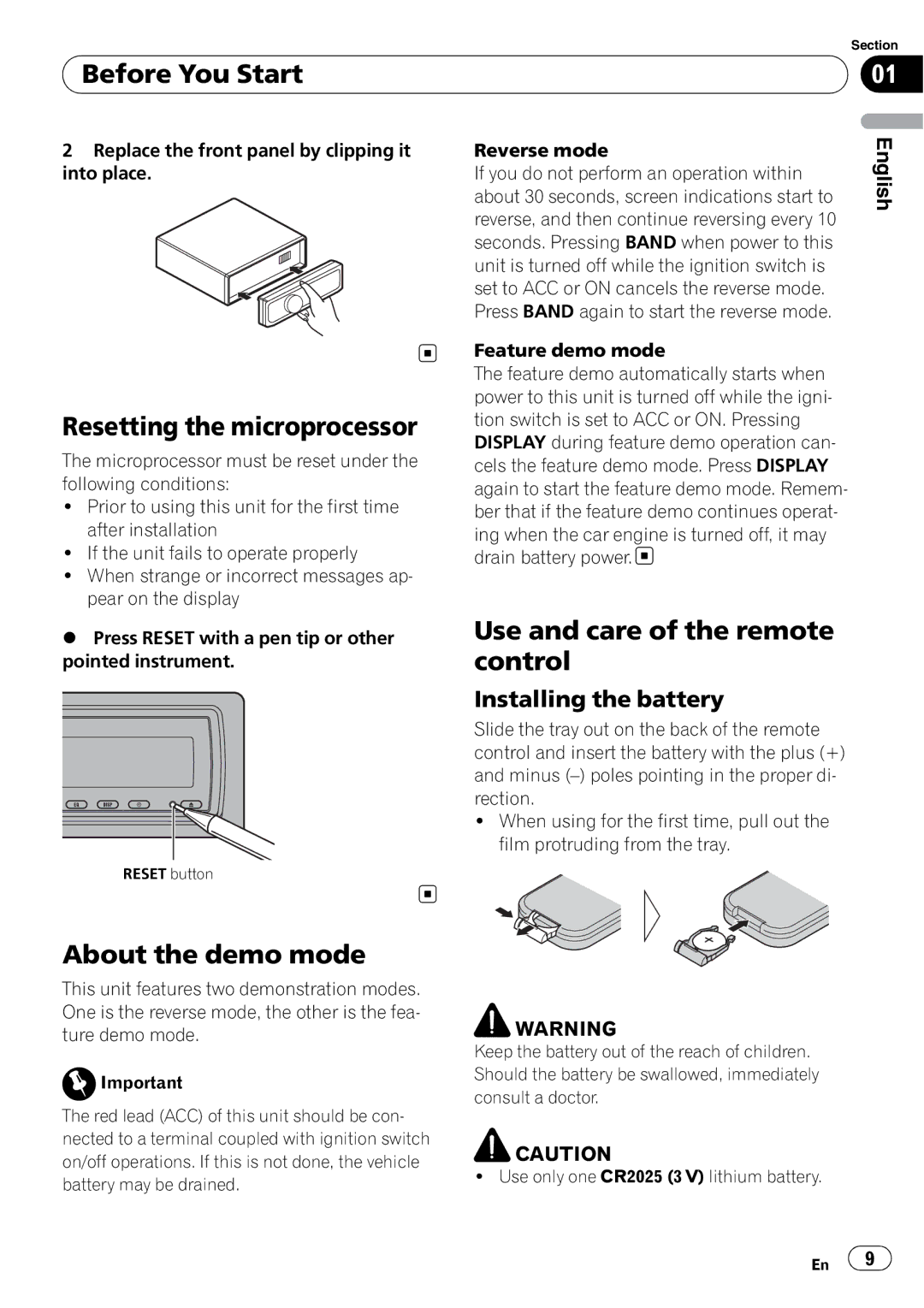 Pioneer DEH-P7900BT operation manual Resetting the microprocessor, Use and care of the remote control, About the demo mode 