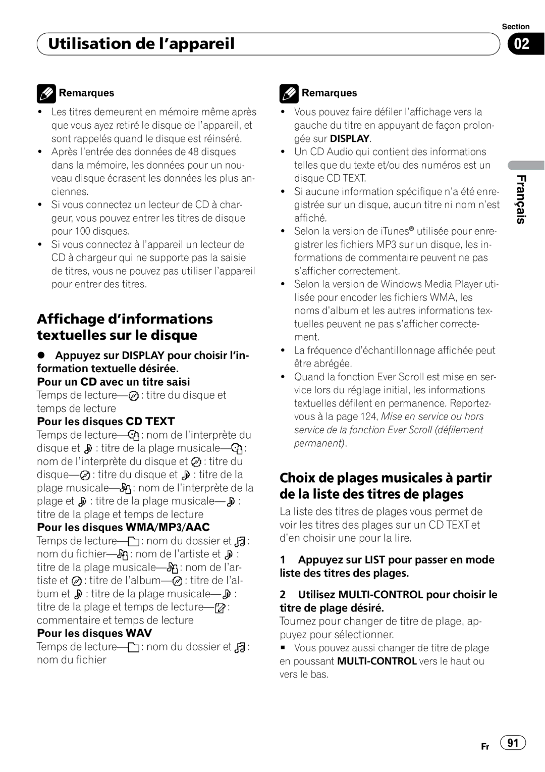 Pioneer DEH-P7900BT operation manual Affichage d’informations textuelles sur le disque, Remarques 