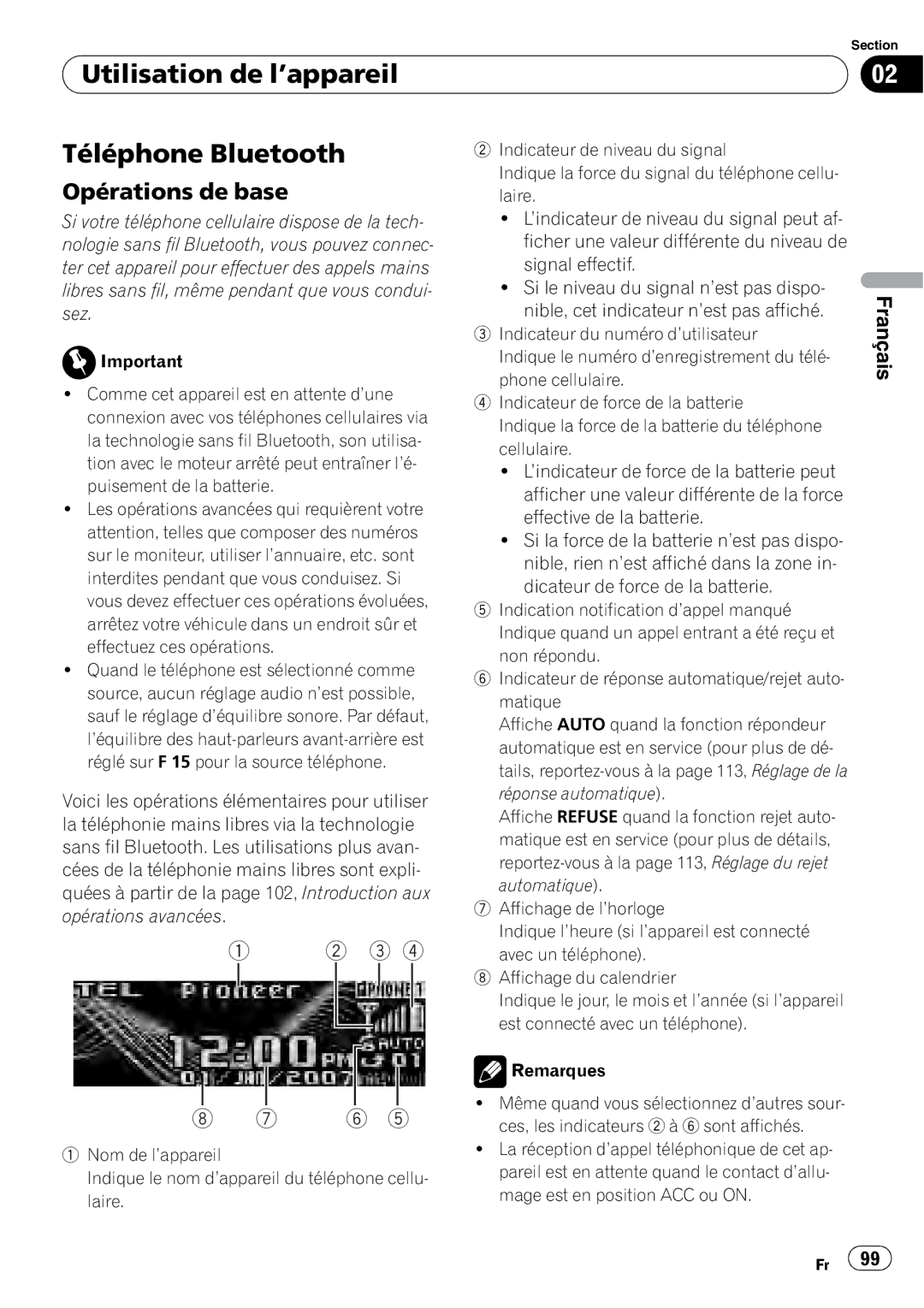 Pioneer DEH-P7900BT operation manual Utilisation de l’appareil Téléphone Bluetooth 