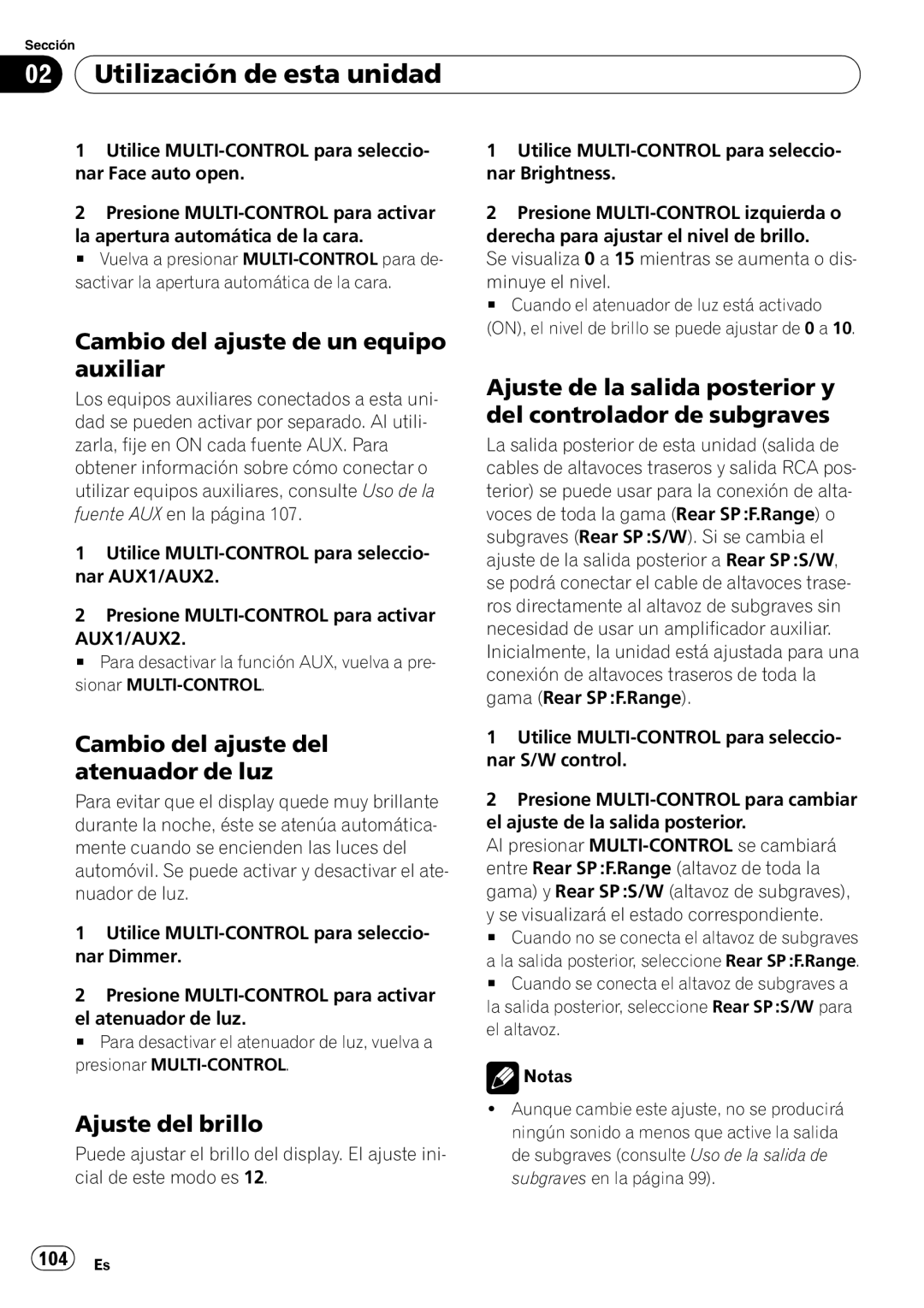 Pioneer DEH-P7900UB Cambio del ajuste de un equipo auxiliar, Cambio del ajuste del atenuador de luz, Ajuste del brillo 