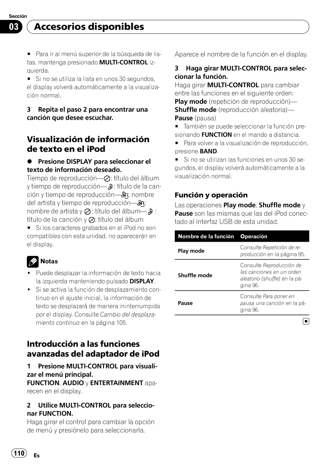 Pioneer DEH-P7900UB operation manual Accesorios disponibles, Función y operación, 110 Es 