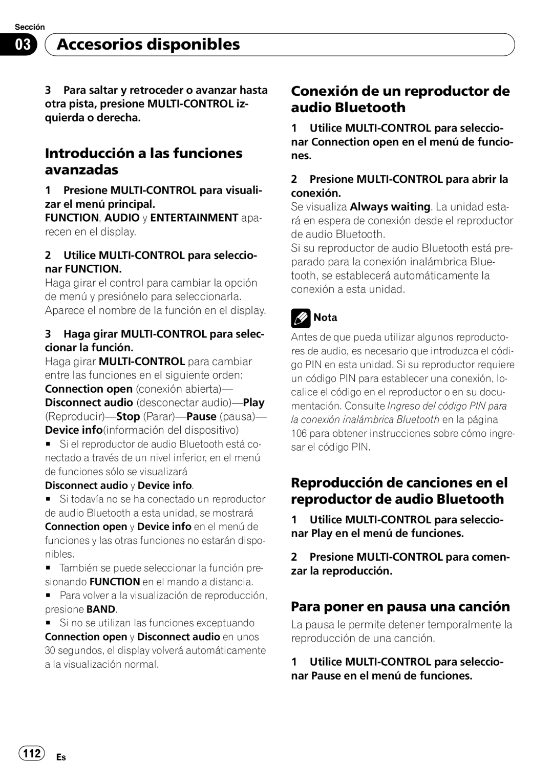 Pioneer DEH-P7900UB operation manual Conexión de un reproductor de audio Bluetooth, 112 Es 