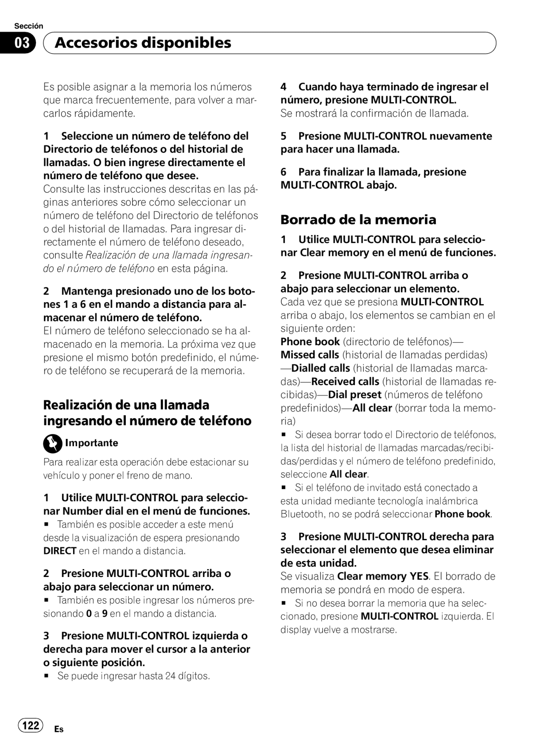 Pioneer DEH-P7900UB Realización de una llamada ingresando el número de teléfono, Borrado de la memoria, 122 Es 