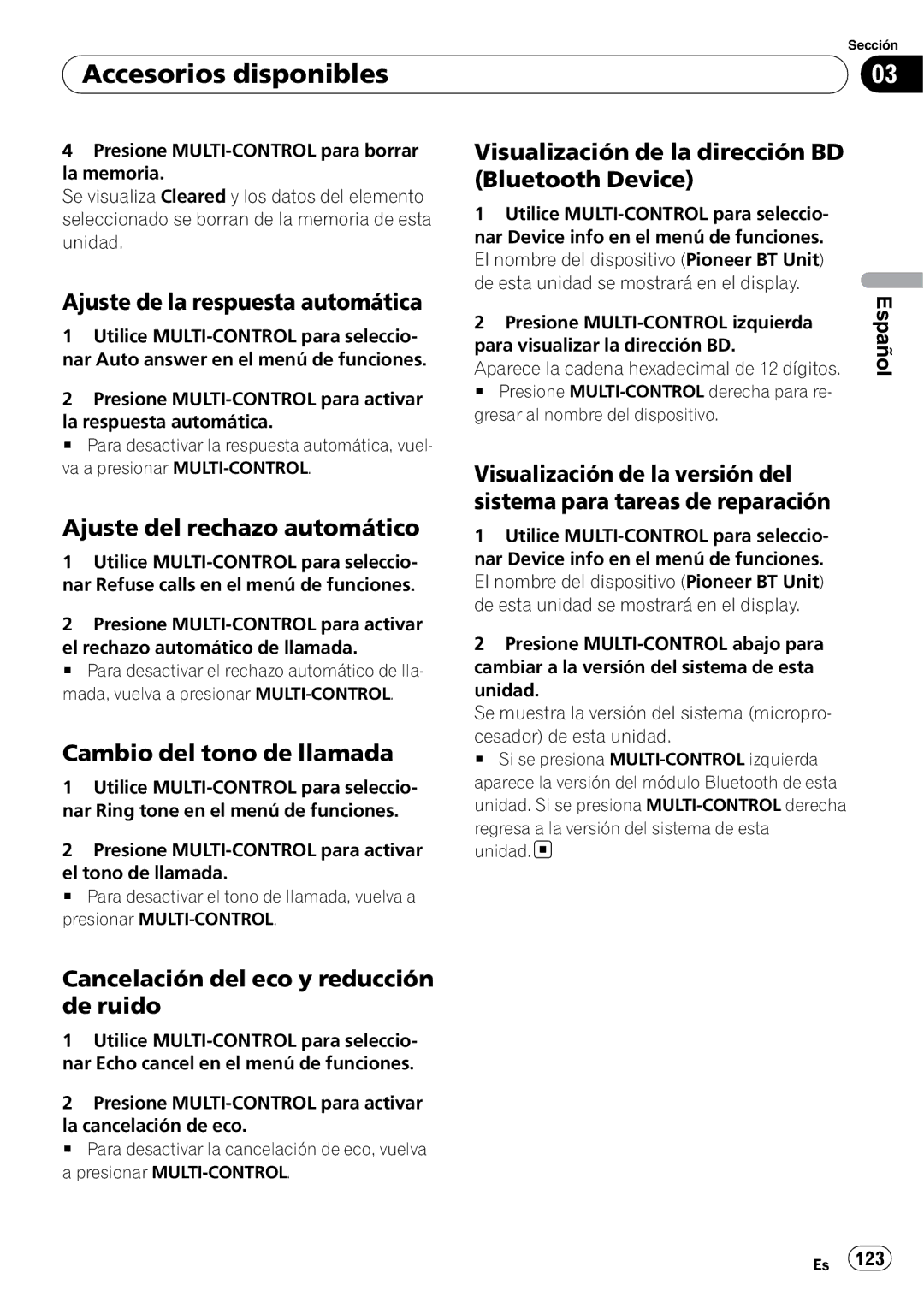 Pioneer DEH-P7900UB Ajuste de la respuesta automática, Ajuste del rechazo automático, Cambio del tono de llamada 