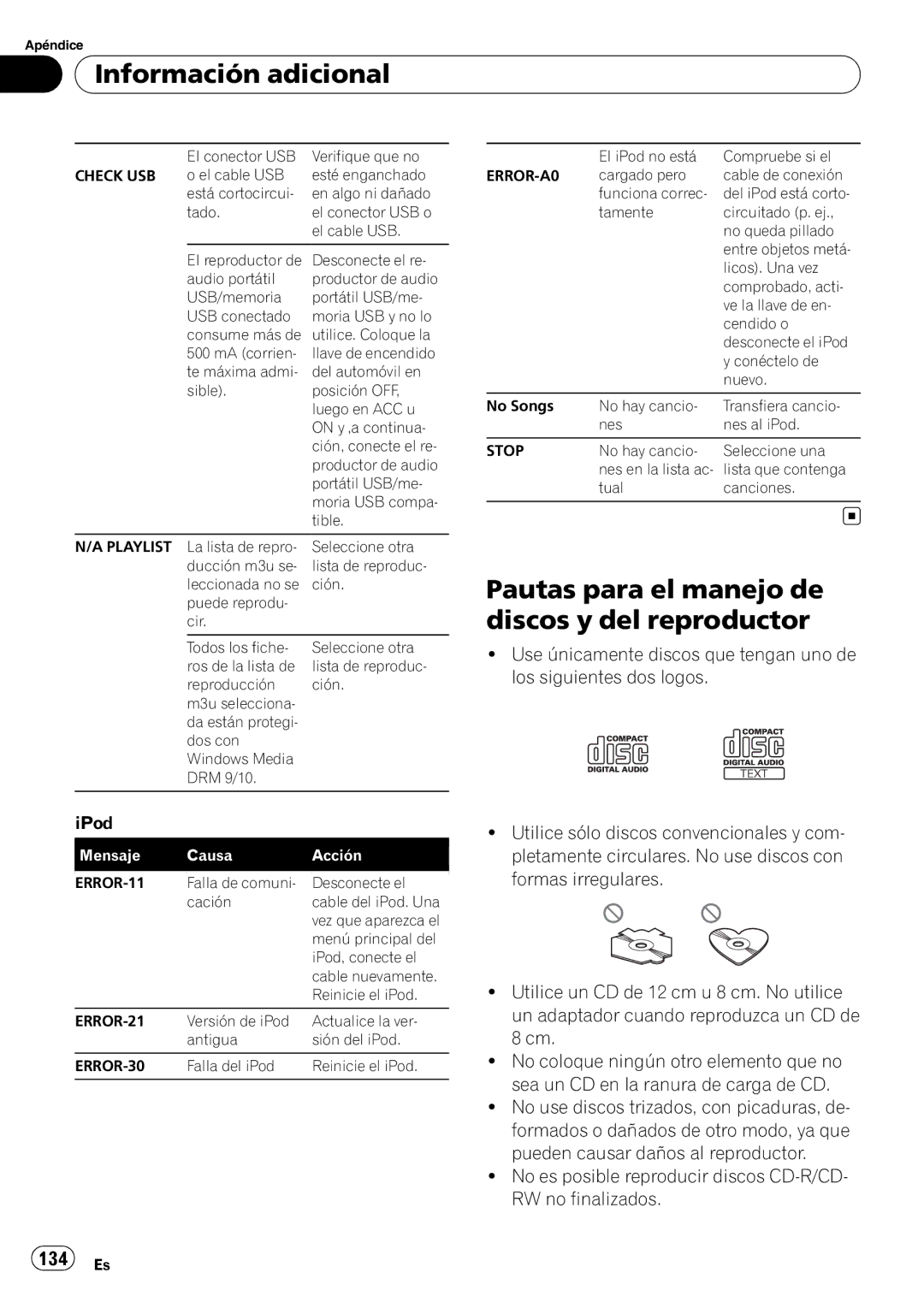 Pioneer DEH-P7900UB operation manual Información adicional, Pautas para el manejo de discos y del reproductor, 134 Es 