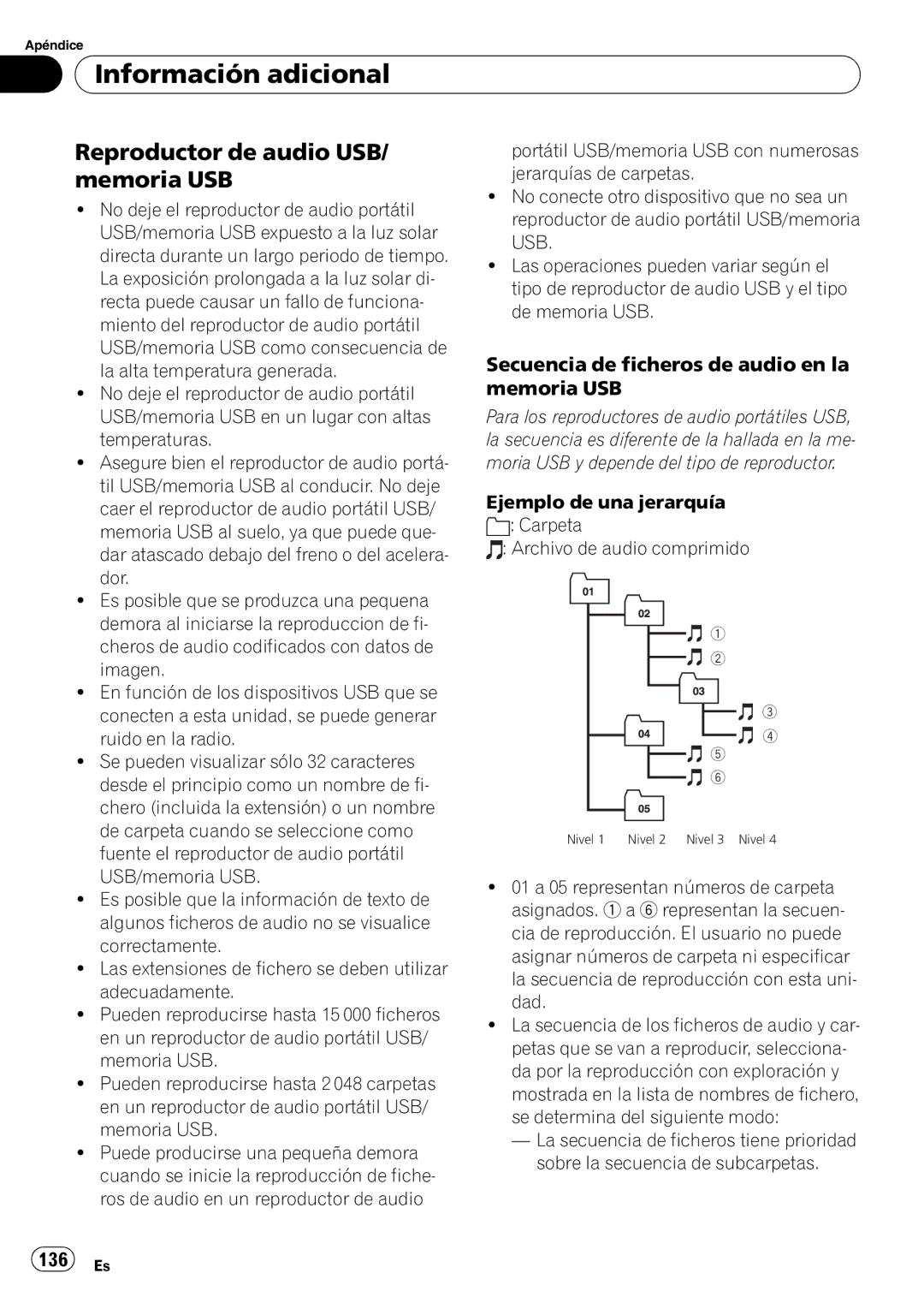 Pioneer DEH-P7900UB Reproductor de audio USB/ memoria USB, Secuencia de ficheros de audio en la memoria USB, 136 Es 