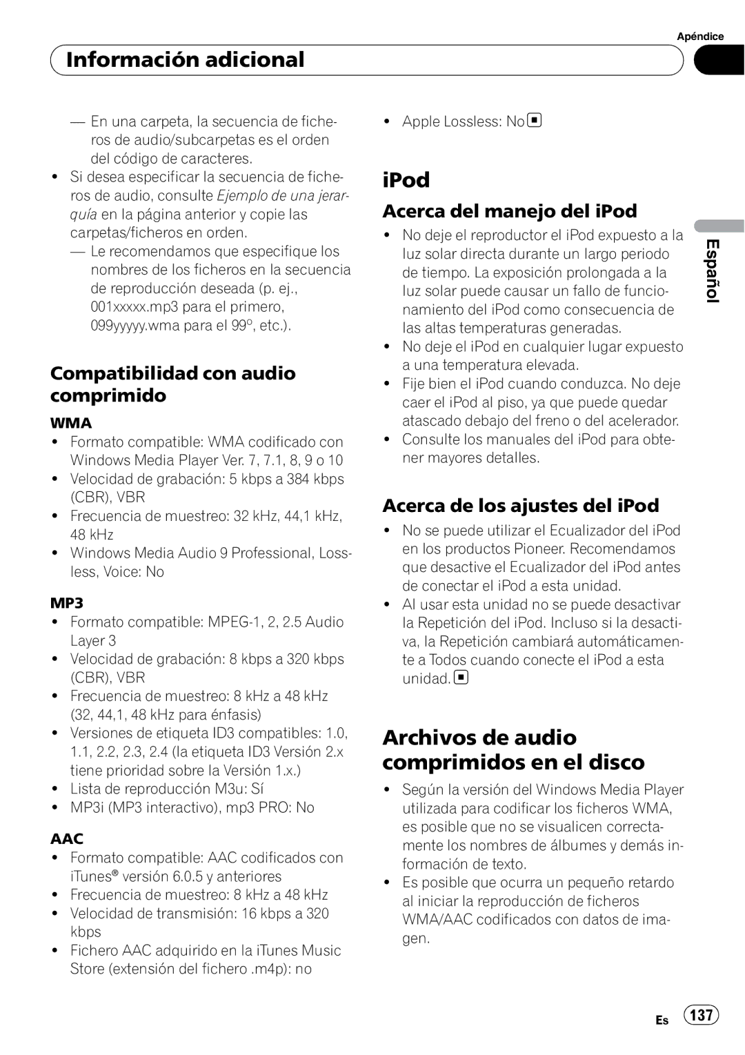 Pioneer DEH-P7900UB operation manual Archivos de audio comprimidos en el disco, Compatibilidad con audio comprimido 