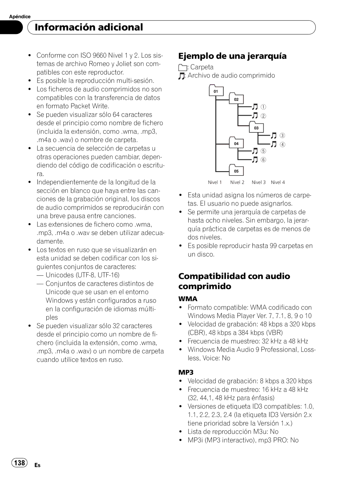 Pioneer DEH-P7900UB operation manual Ejemplo de una jerarquía, 138 Es, Carpeta Archivo de audio comprimido 