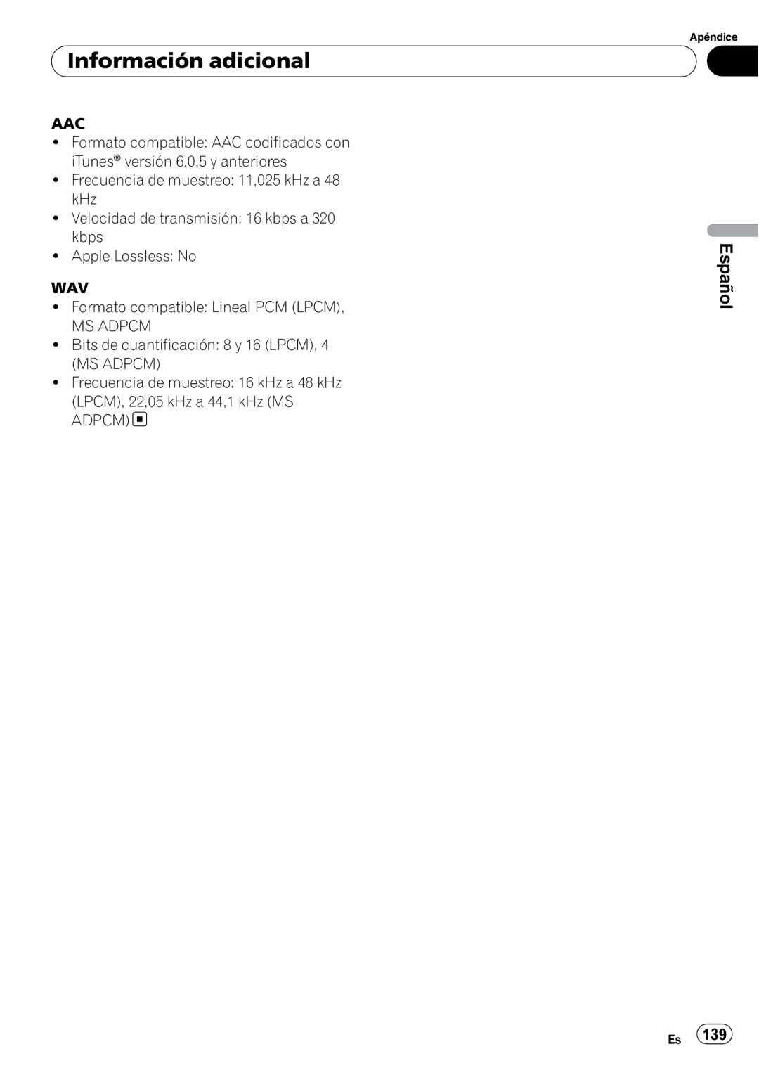 Pioneer DEH-P7900UB operation manual Wav, Formato compatible Lineal PCM Lpcm 