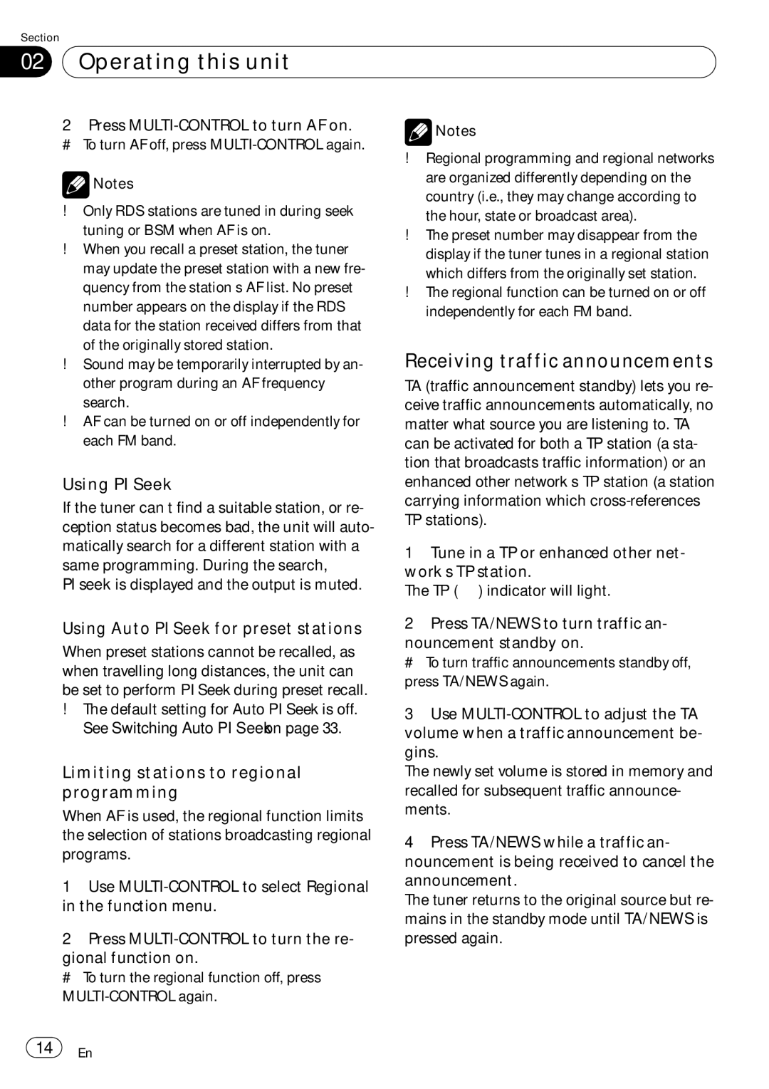 Pioneer DEH-P7900UB operation manual Receiving traffic announcements, Using PI Seek, Using Auto PI Seek for preset stations 