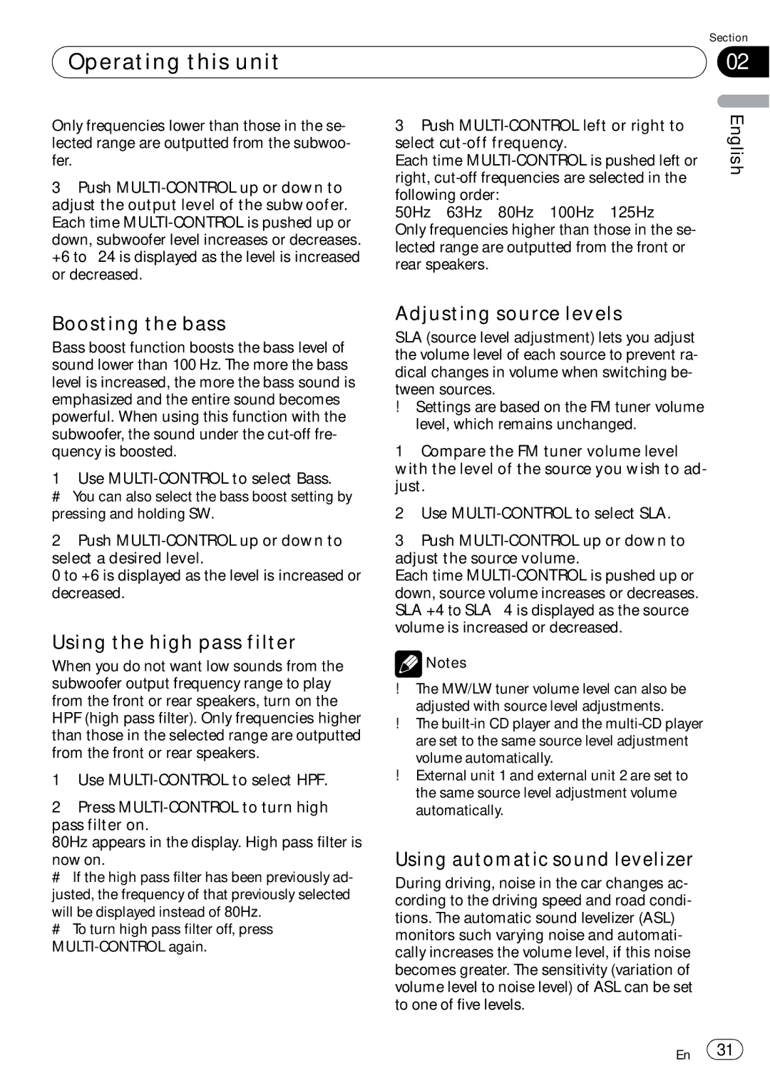 Pioneer DEH-P7900UB operation manual Boosting the bass, Using the high pass filter, Adjusting source levels 