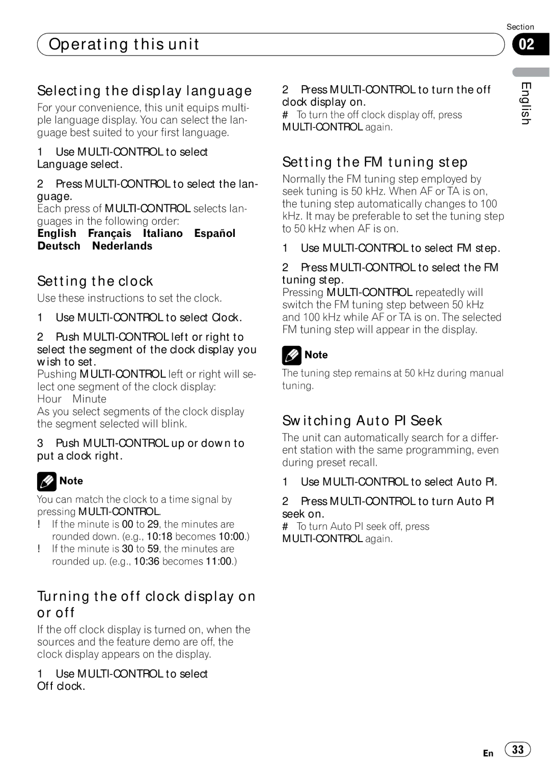 Pioneer DEH-P7900UB Selecting the display language, Setting the clock, Setting the FM tuning step, Switching Auto PI Seek 