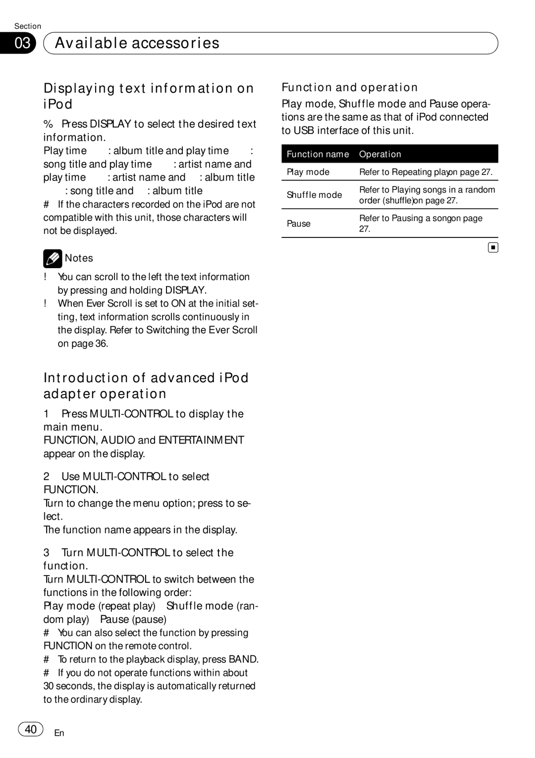 Pioneer DEH-P7900UB Available accessories, Introduction of advanced iPod adapter operation, Function and operation 