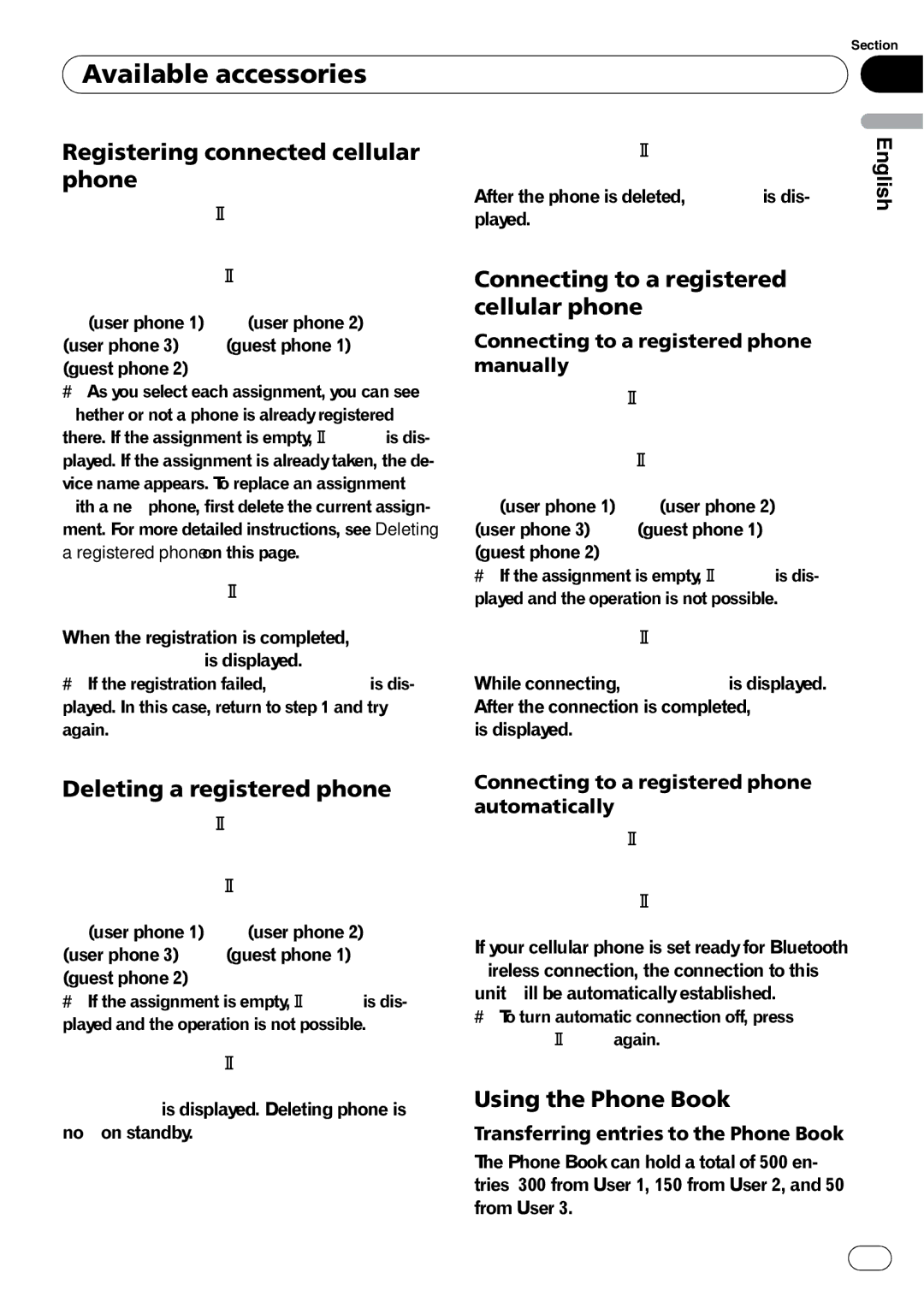 Pioneer DEH-P7900UB Registering connected cellular phone, Connecting to a registered cellular phone, Using the Phone Book 