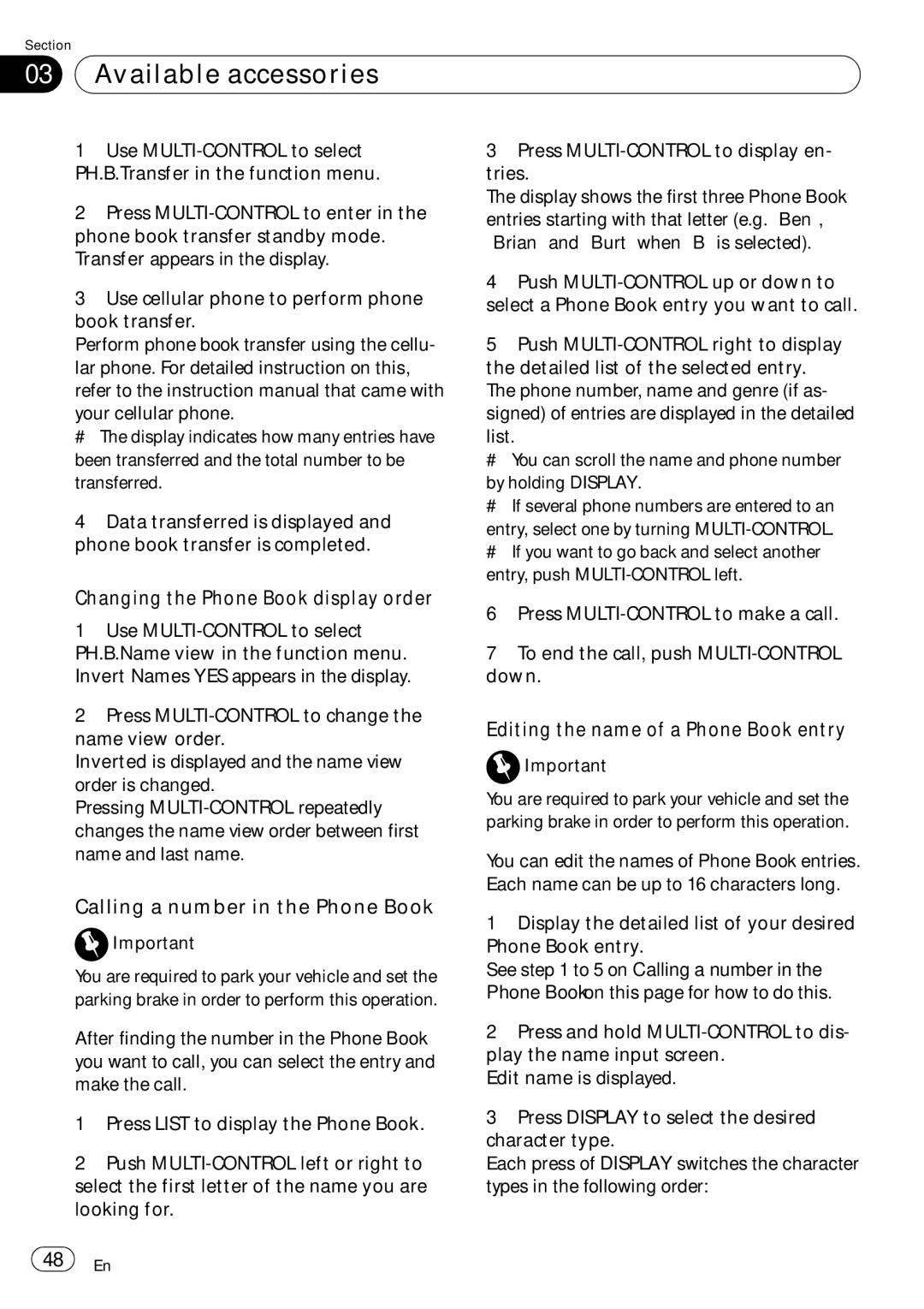 Pioneer DEH-P7900UB operation manual Changing the Phone Book display order, Calling a number in the Phone Book 