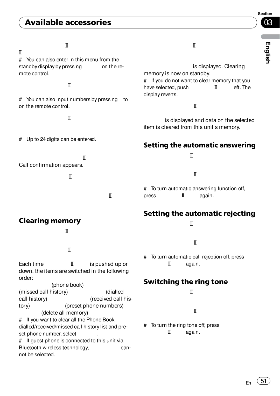 Pioneer DEH-P7900UB operation manual Setting the automatic answering, Clearing memory, Setting the automatic rejecting 