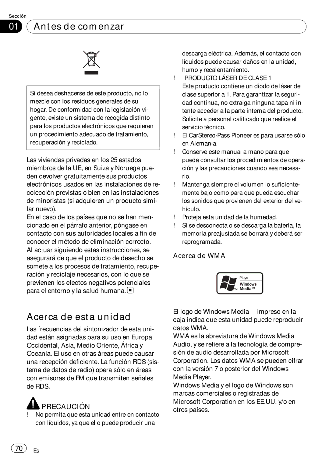 Pioneer DEH-P7900UB operation manual Antes de comenzar, Acerca de esta unidad, Producto Láser DE Clase 