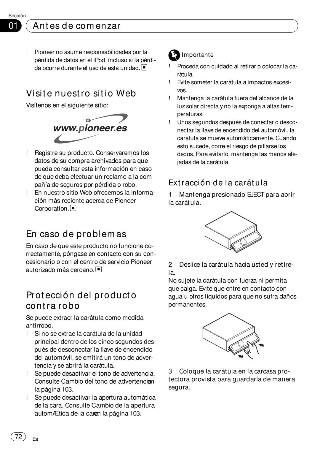 Pioneer DEH-P7900UB operation manual Visite nuestro sitio Web, En caso de problemas, Protección del producto contra robo 