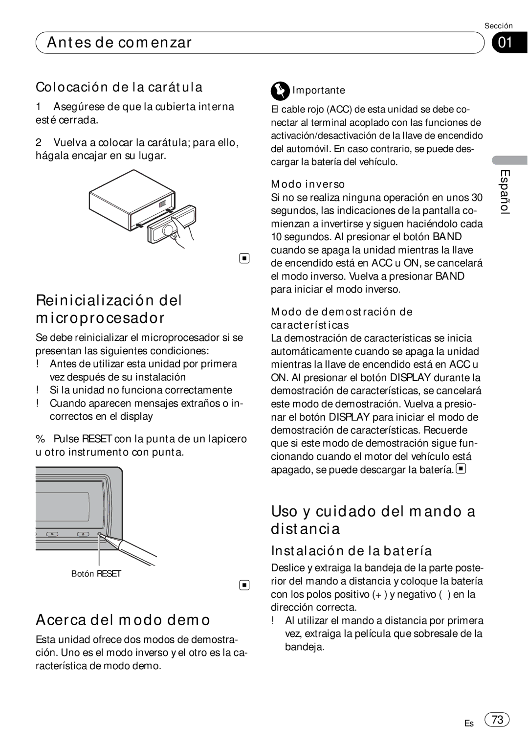 Pioneer DEH-P7900UB Reinicialización del microprocesador, Acerca del modo demo, Uso y cuidado del mando a distancia 