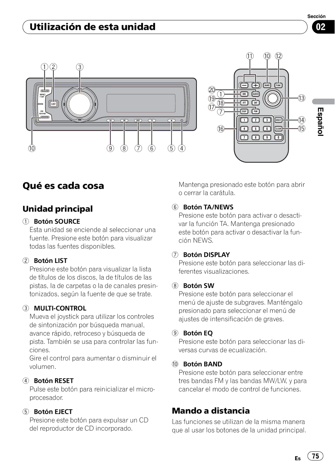 Pioneer DEH-P7900UB operation manual Utilización de esta unidad, Qué es cada cosa, Unidad principal, Mando a distancia 