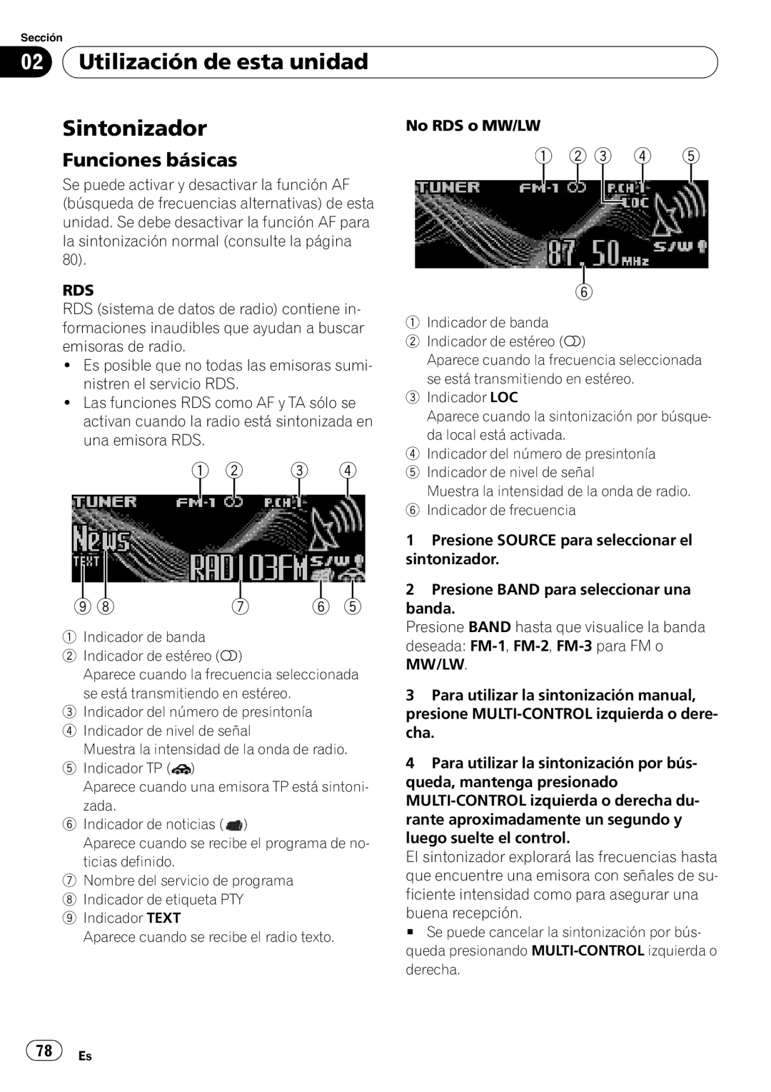 Pioneer DEH-P7900UB operation manual Utilización de esta unidad Sintonizador, Funciones básicas, No RDS o MW/LW 