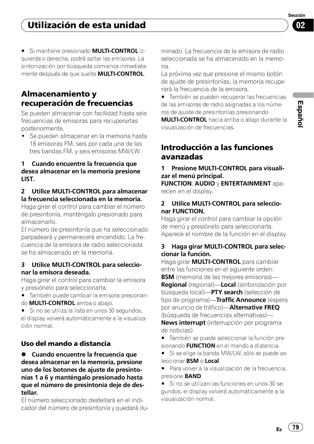 Pioneer DEH-P7900UB operation manual Almacenamiento y recuperación de frecuencias, Introducción a las funciones avanzadas 