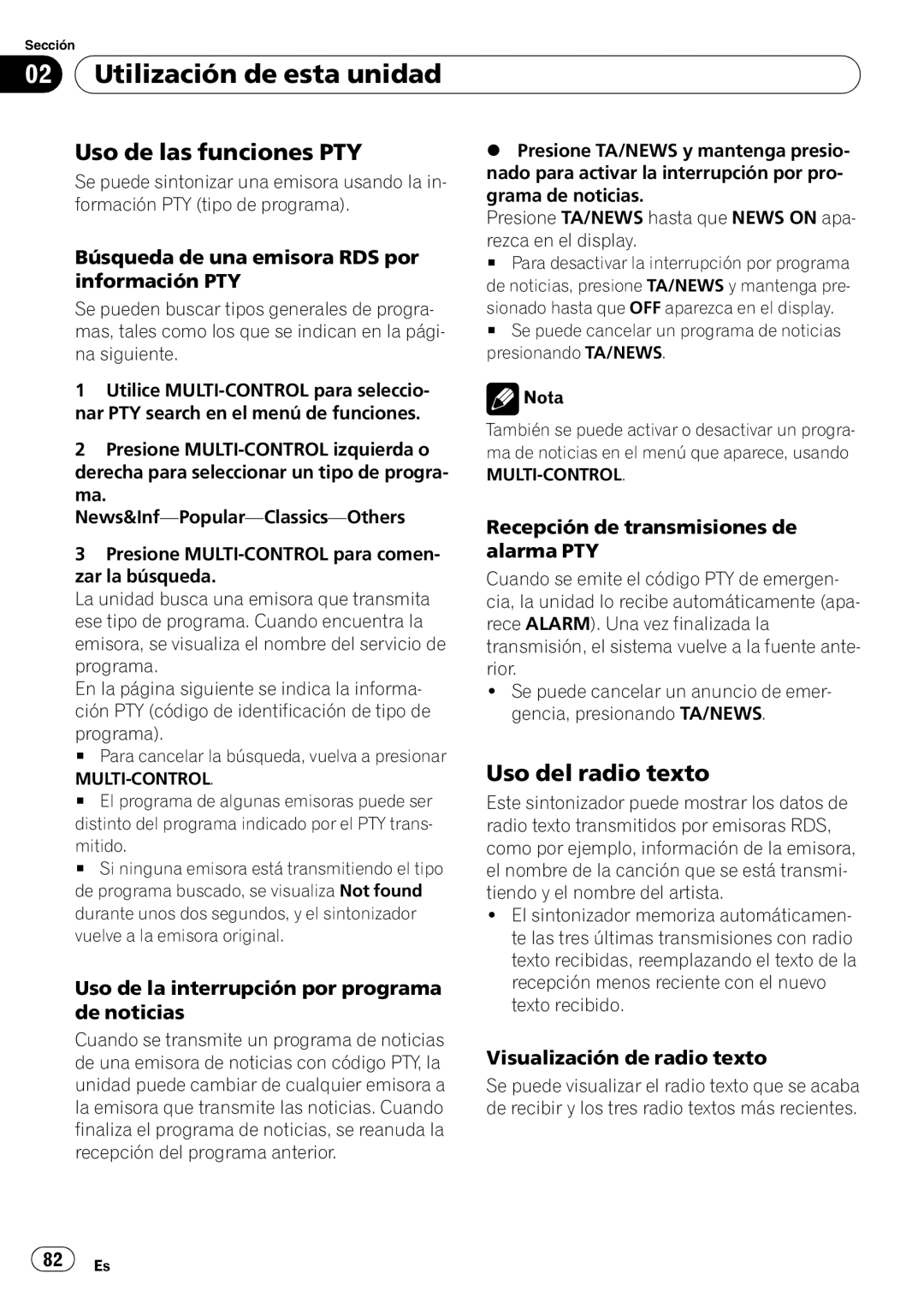 Pioneer DEH-P7900UB operation manual Uso de las funciones PTY, Uso del radio texto 