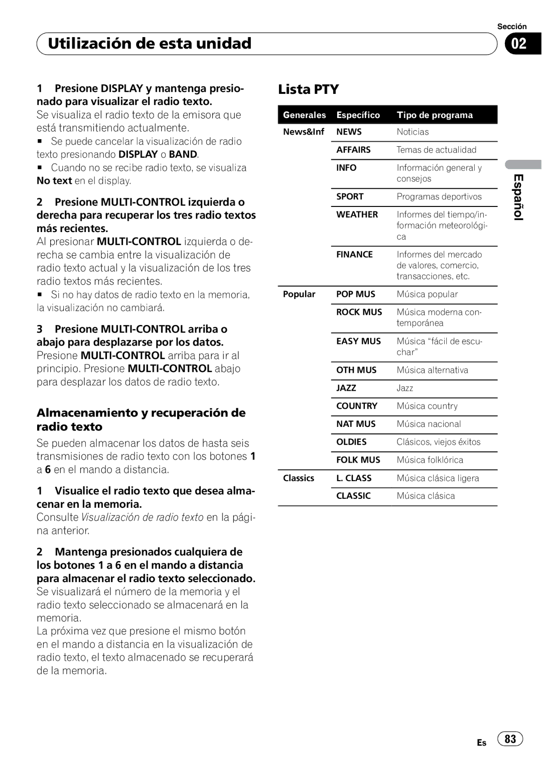 Pioneer DEH-P7900UB operation manual Lista PTY, Almacenamiento y recuperación de radio texto 