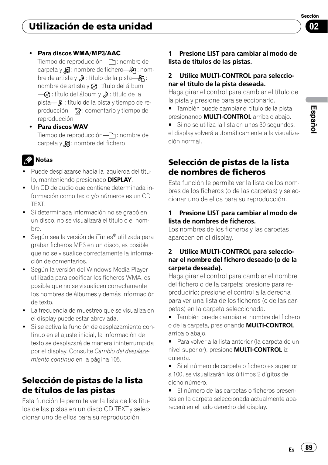 Pioneer DEH-P7900UB operation manual Selección de pistas de la lista de títulos de las pistas 