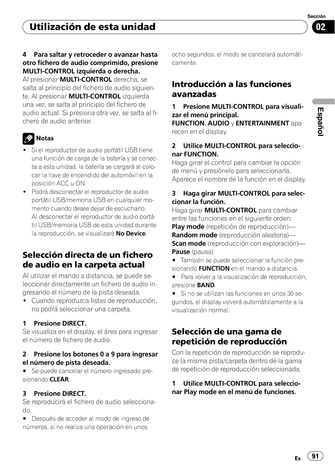 Pioneer DEH-P7900UB Introducción a las funciones avanzadas, Ocho segundos, el modo se cancelará automáti- camente 