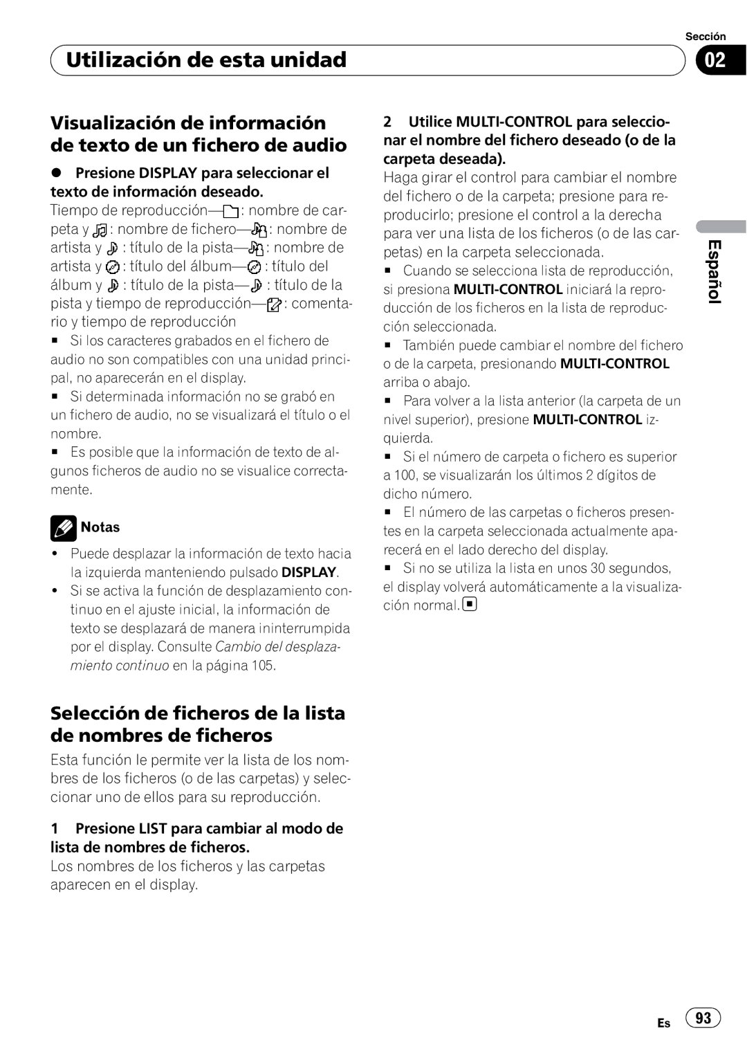 Pioneer DEH-P7900UB Selección de ficheros de la lista de nombres de ficheros, Pal, no aparecerán en el display 